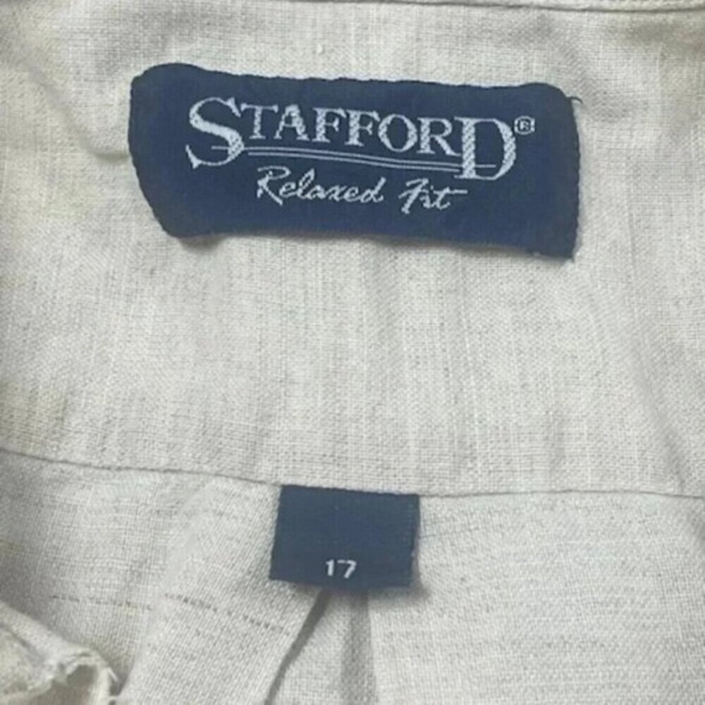 Stafford Short Sleeve Beige Tan Linen Party Breezer Camp Shirt Size 17  XL - Picture 5 of 7
